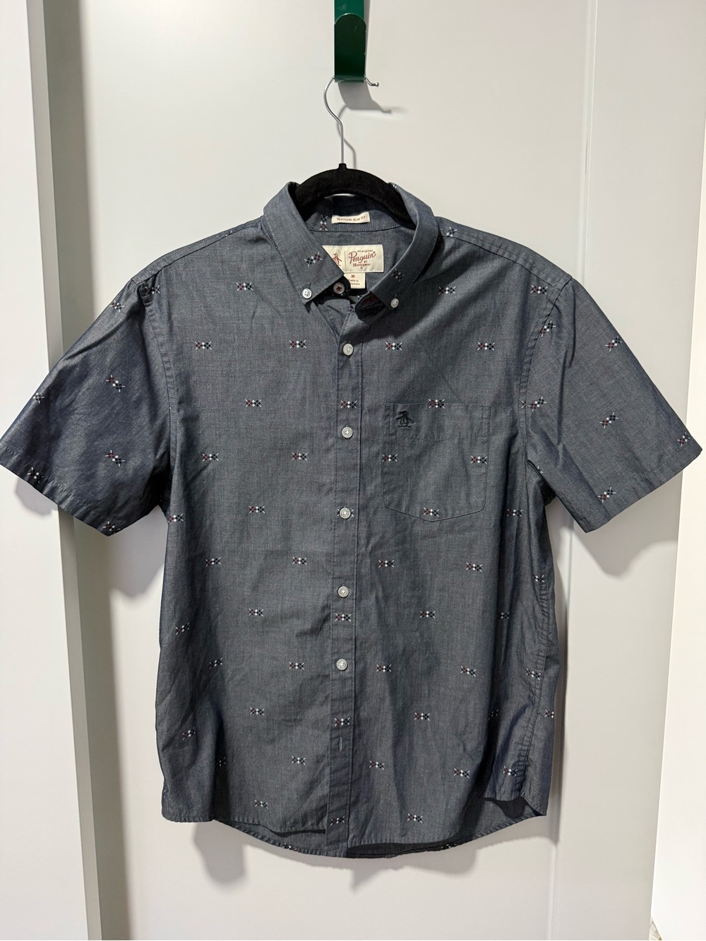 Original Penguin Short-Sleeve Button-Down Shirt - Charcoal with Subtle Pattern